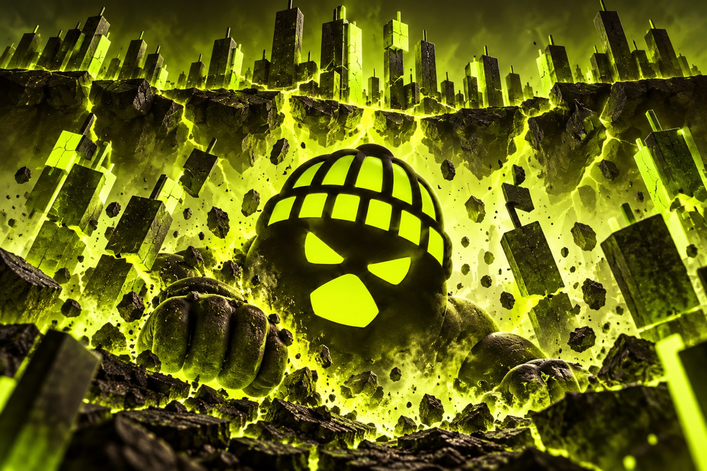 The Juggernaut breaking through a city of shattered chart pillars