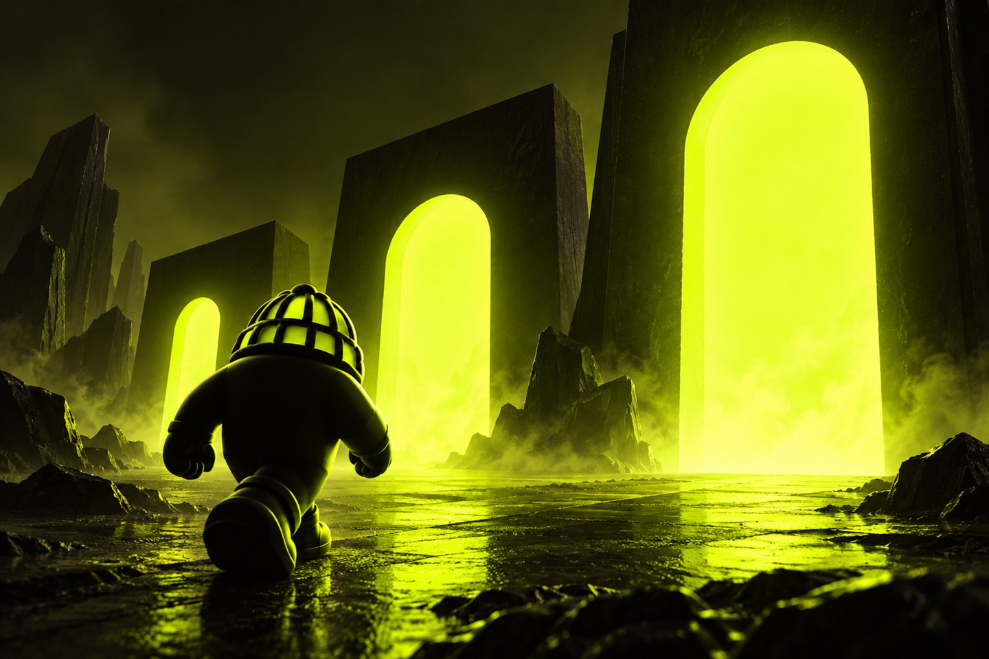 The Juggernaut marching toward three glowing gates